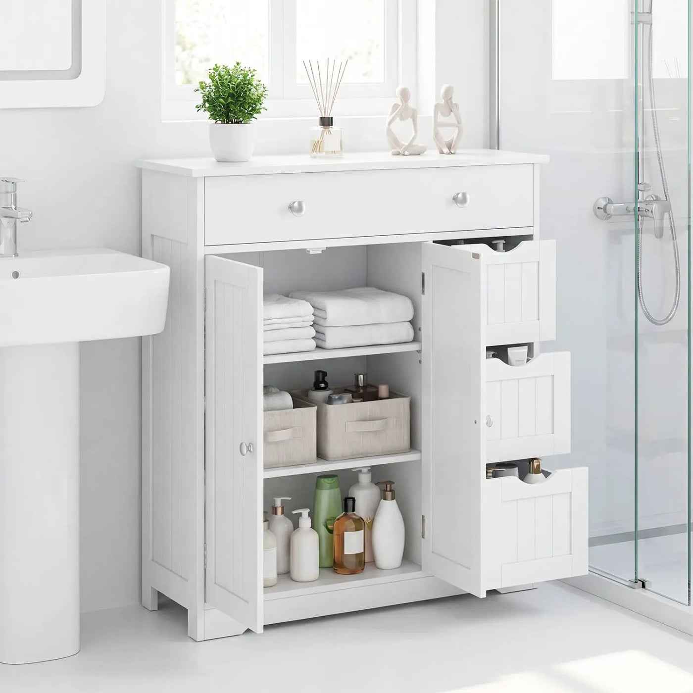 Bathroom Floor Cabinet with 4 Drawers and 2 Doors - White by DirectDeals