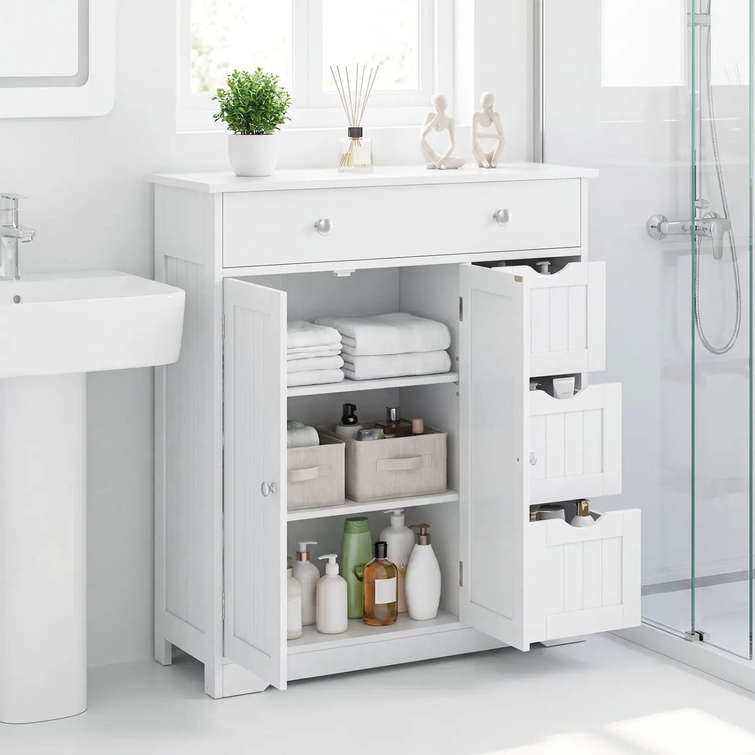 Bathroom Floor Cabinet with 4 Drawers and 2 Doors - White by DirectDeals