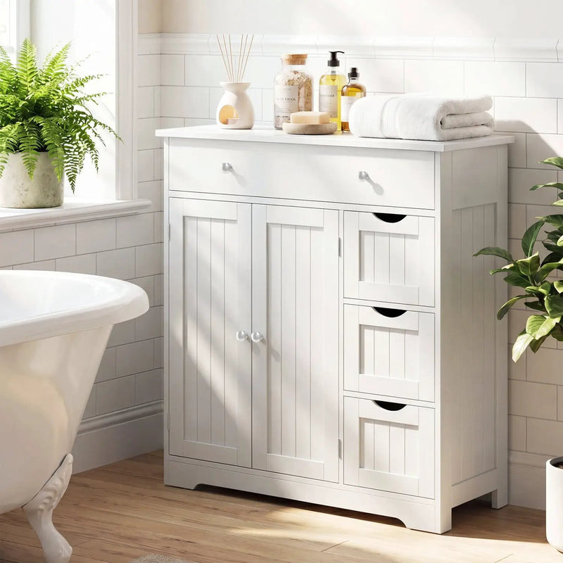 Bathroom Floor Cabinet with 4 Drawers and 2 Doors - White by DirectDeals