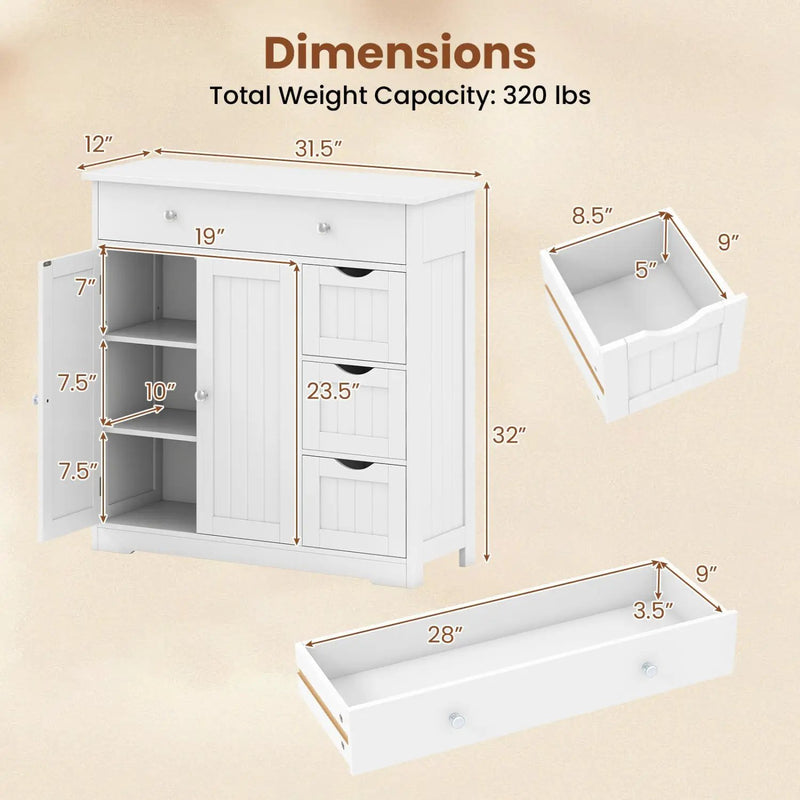 Bathroom Floor Cabinet with 4 Drawers and 2 Doors - White by DirectDeals