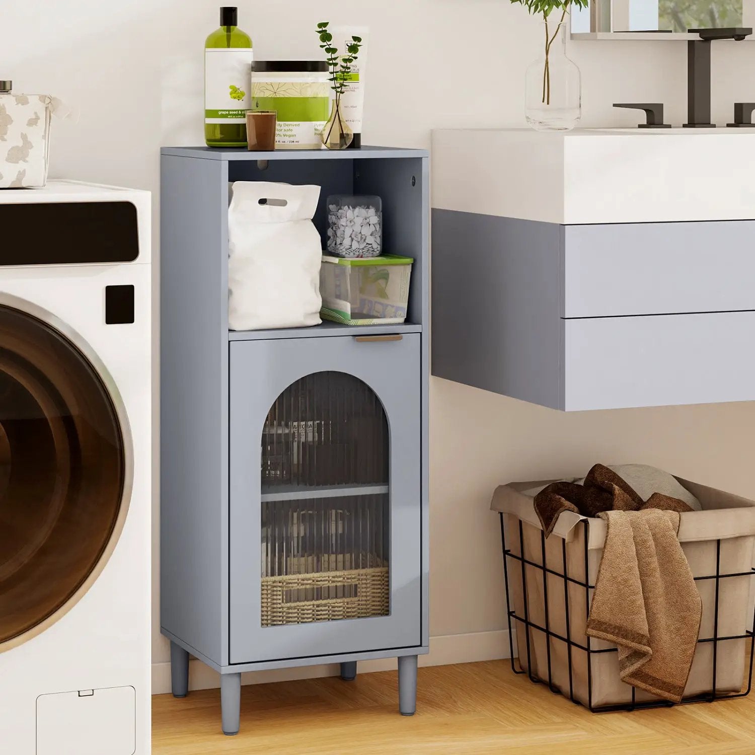 Bathroom Floor Cabinet with Adjustable Shelf and Glass Door by DirectDeals