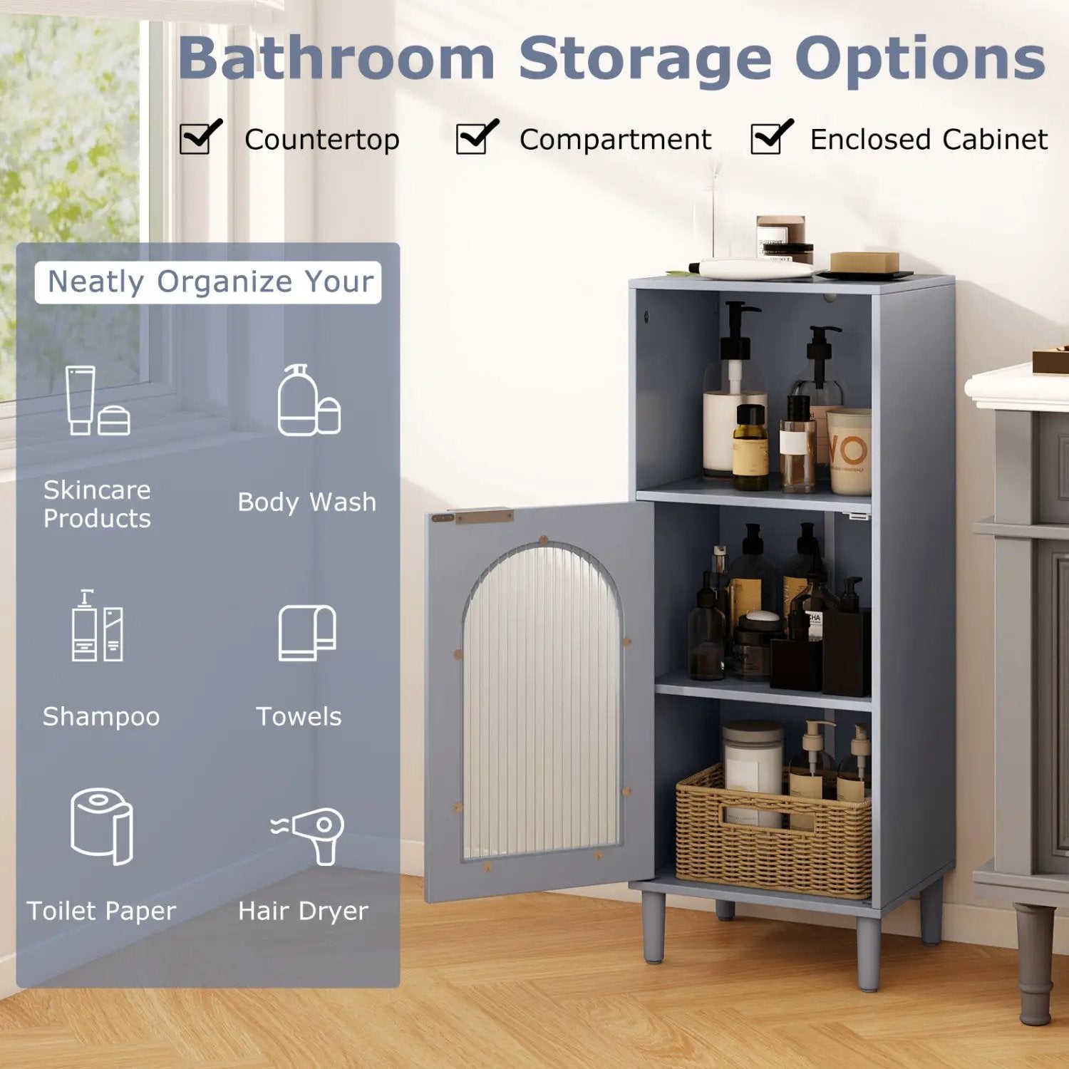 Bathroom Floor Cabinet with Adjustable Shelf and Glass Door by DirectDeals