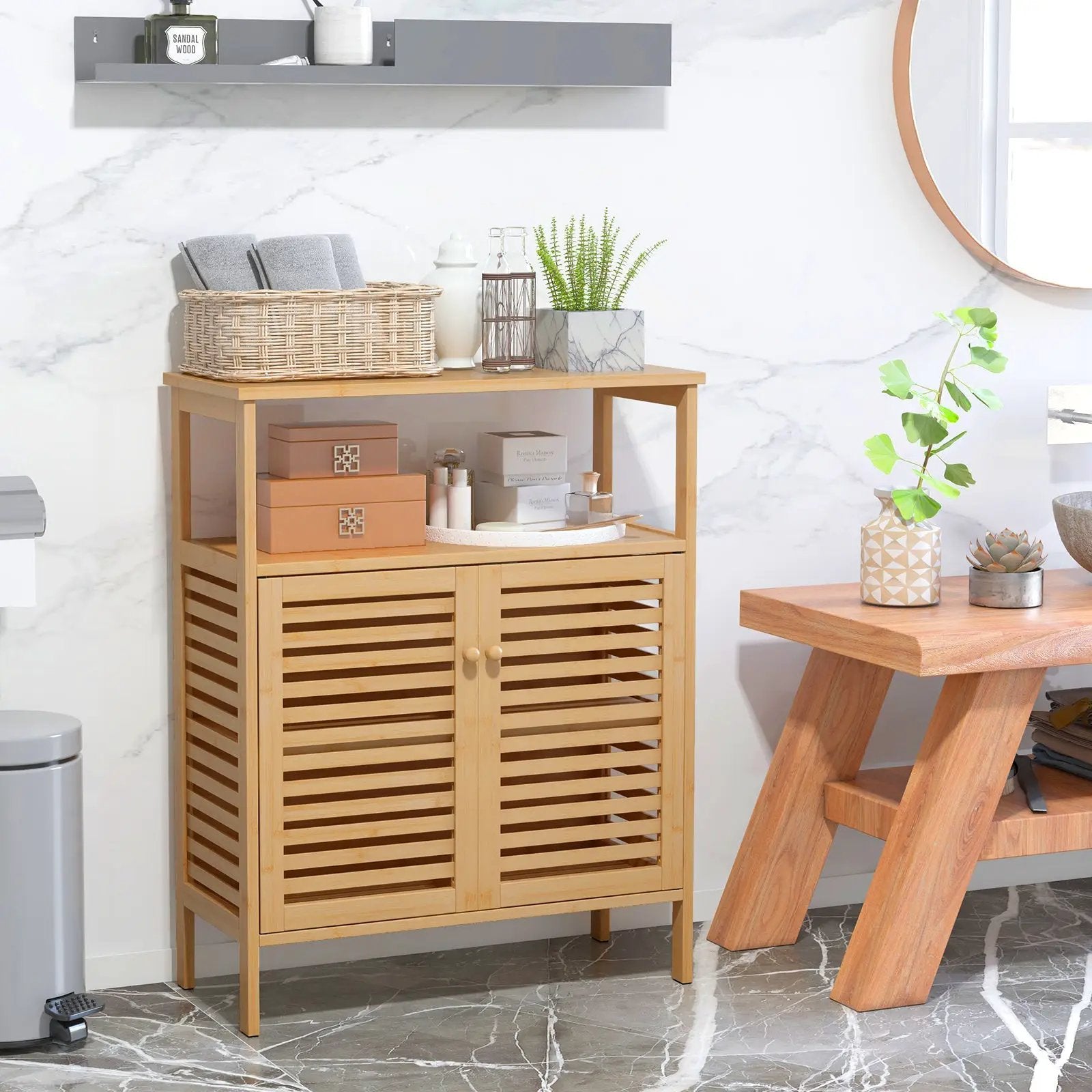 Bamboo Bathroom Floor Storage Cabinet with Shutter Doors-Natural by DirectDeals