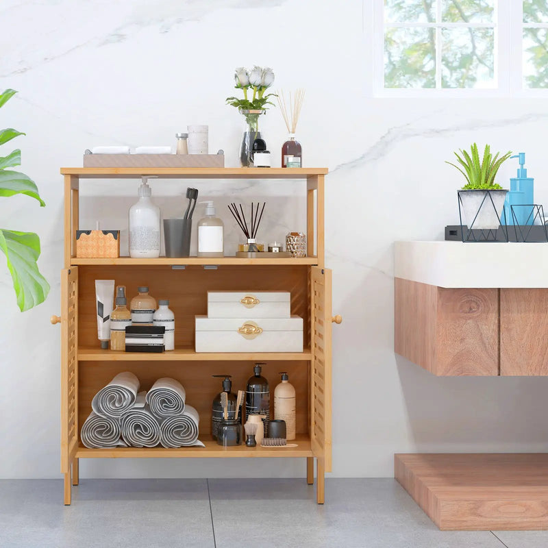 Bamboo Bathroom Floor Storage Cabinet with Shutter Doors-Natural by DirectDeals