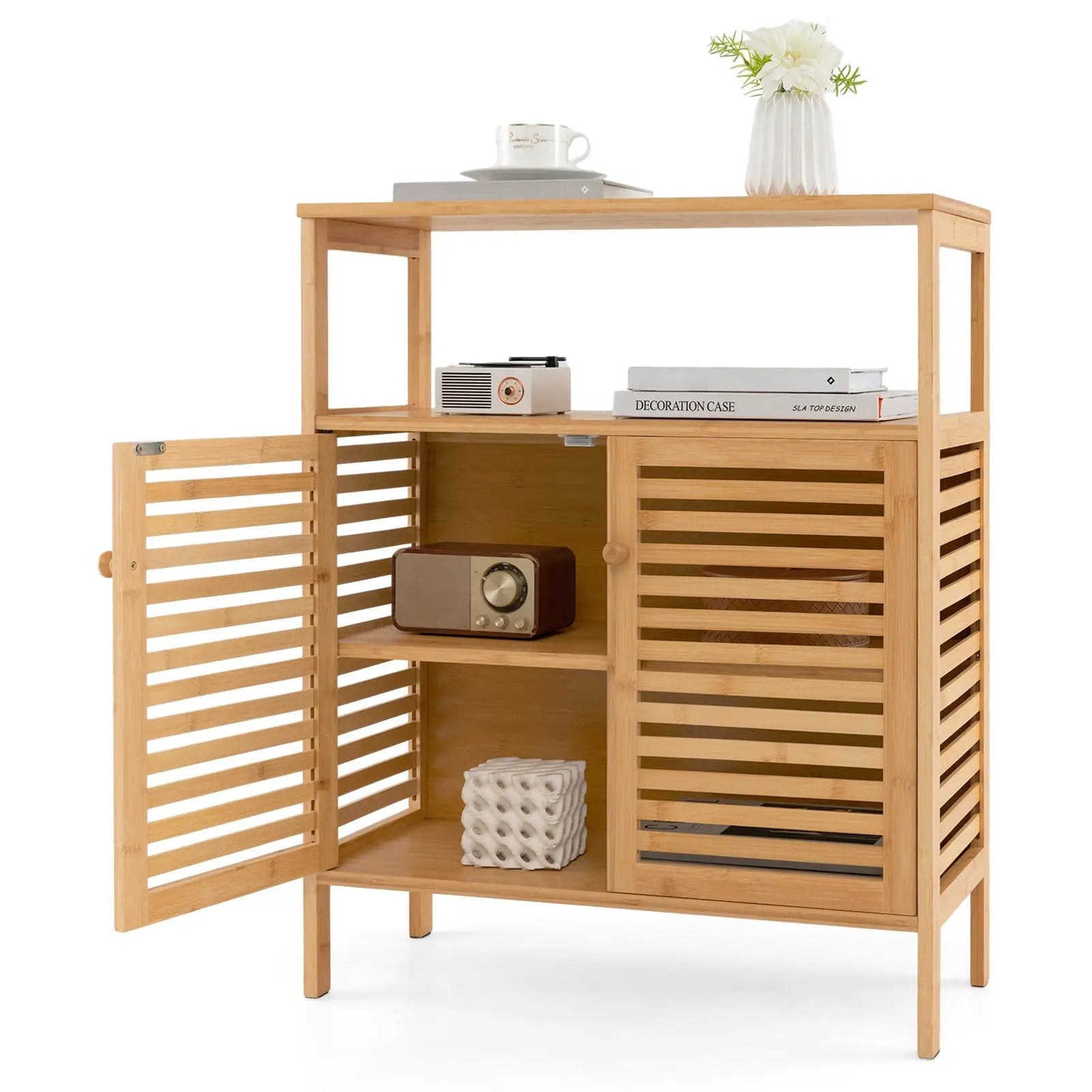 Bamboo Bathroom Floor Storage Cabinet with Shutter Doors-Natural by DirectDeals