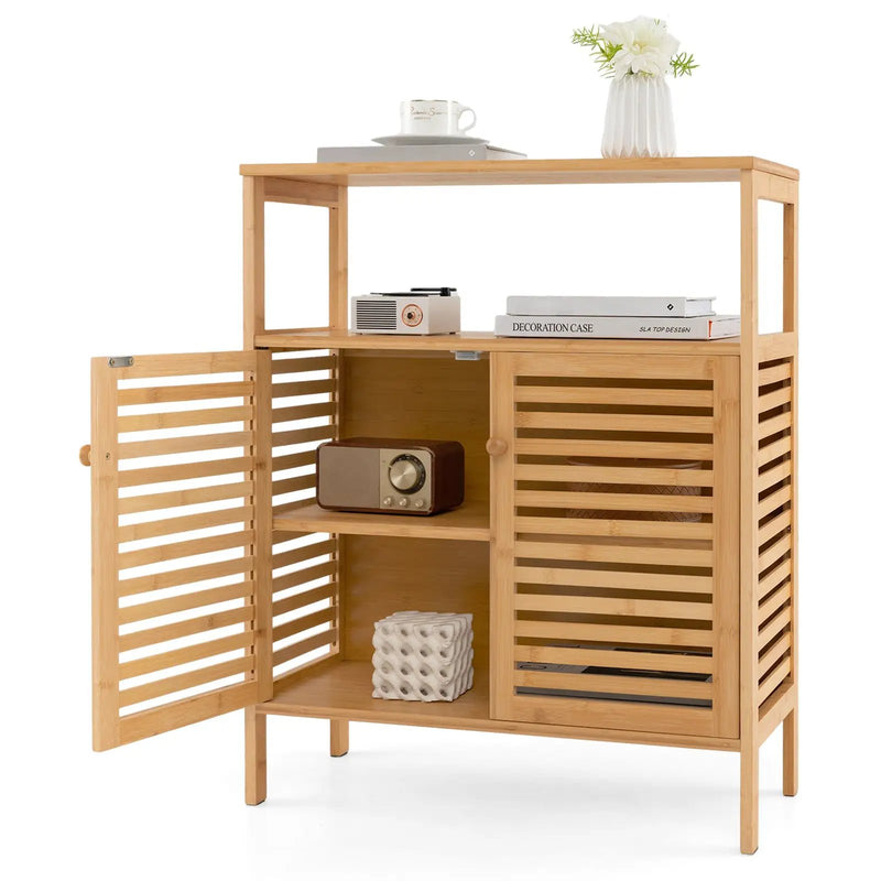 Bamboo Bathroom Floor Storage Cabinet with Shutter Doors-Natural by DirectDeals