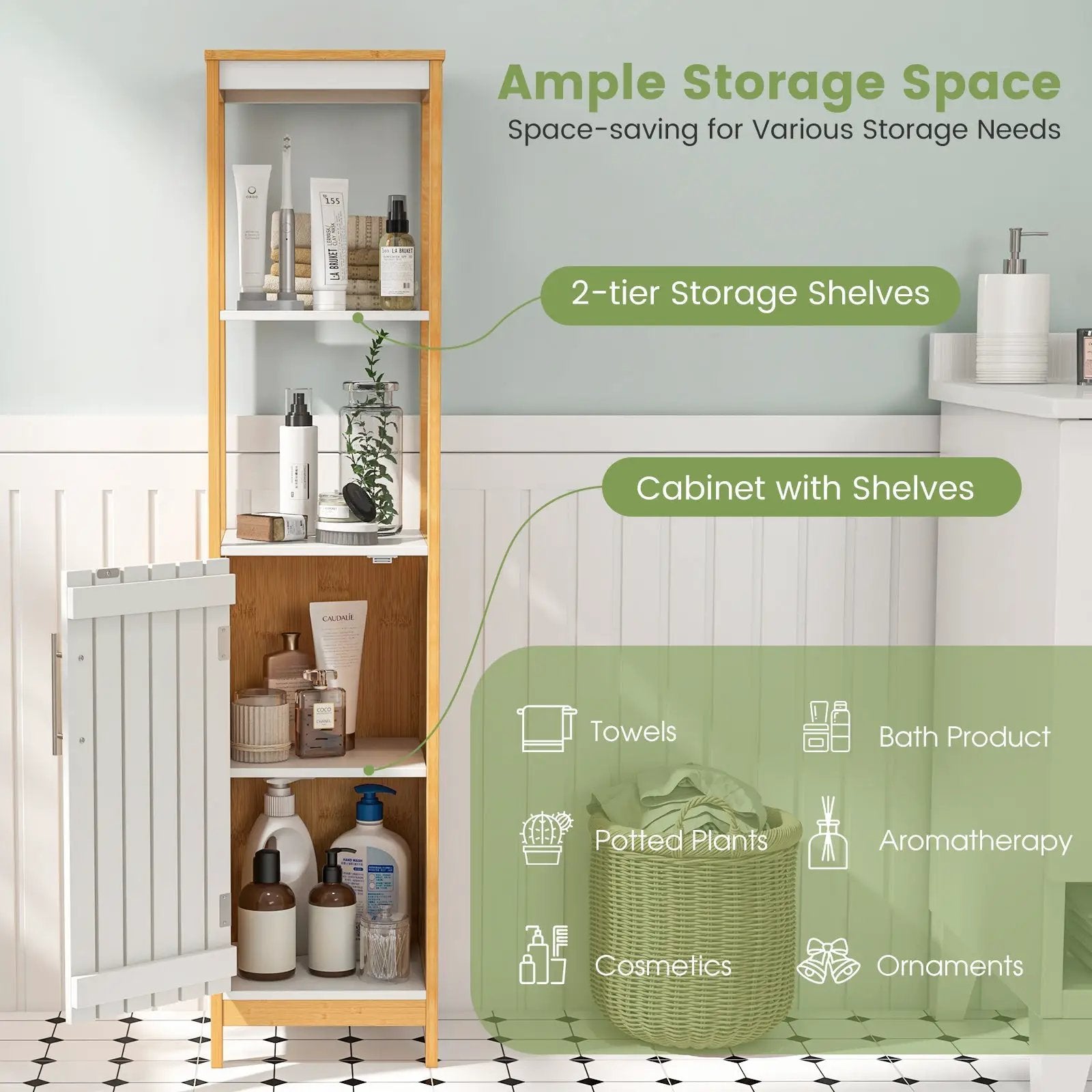 Bathroom Floor Cabinet with Door Shelves Adjustable Shelf-Natural by DirectDeals