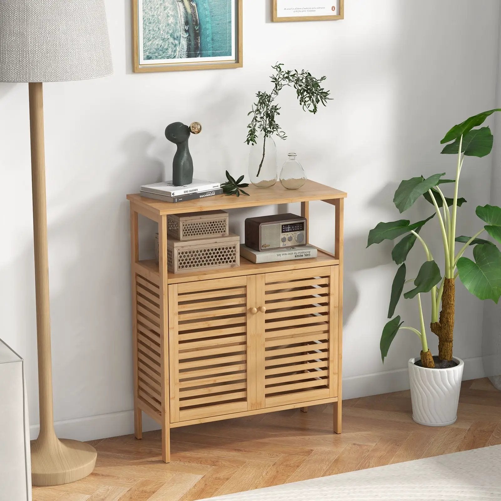 Bamboo Bathroom Floor Storage Cabinet with Shutter Doors-Natural by DirectDeals