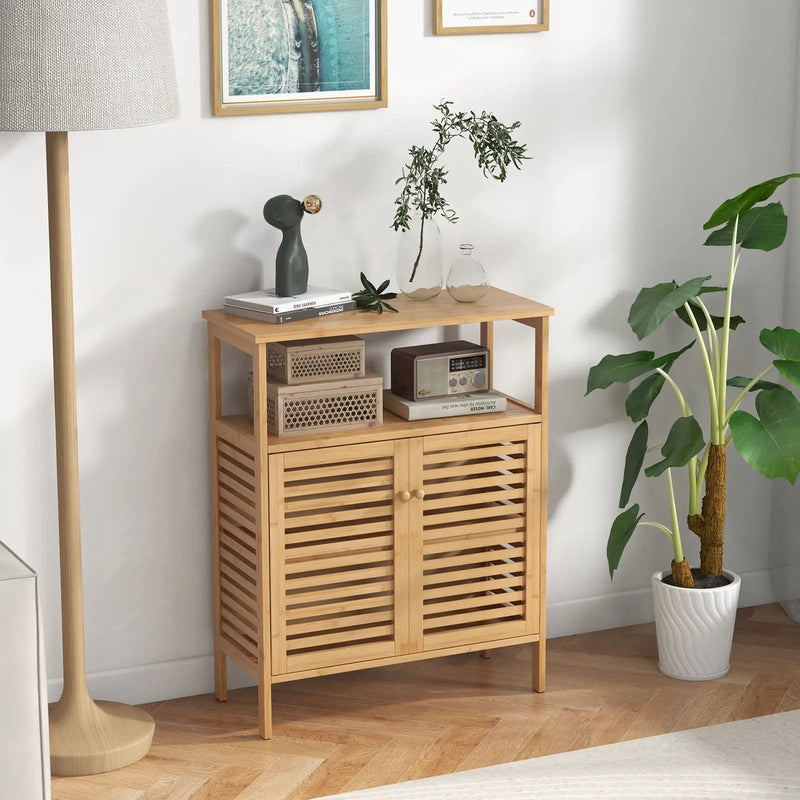 Bamboo Bathroom Floor Storage Cabinet with Shutter Doors-Natural by DirectDeals
