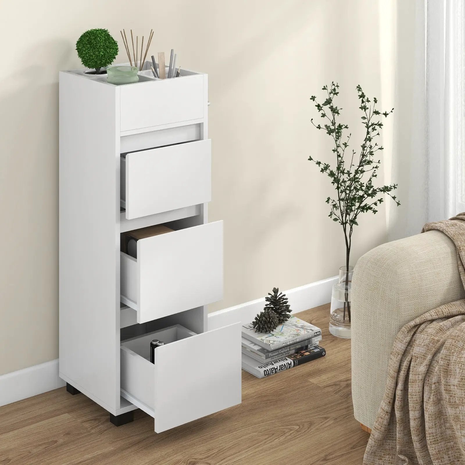 Bathroom Floor Cabinet with 3 Drawers 4 Top Dividers and 1 Towel Rack-White by DirectDeals