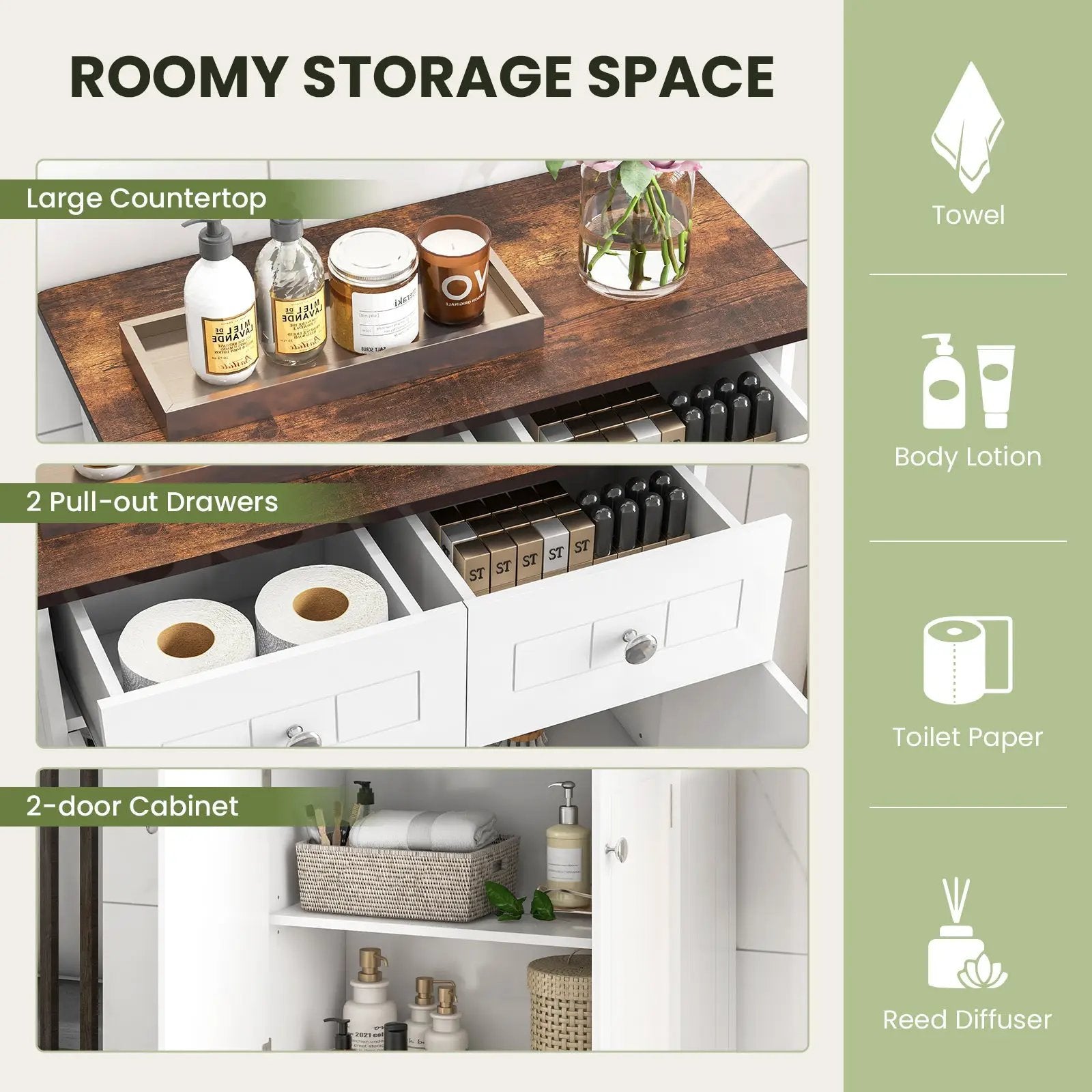 Freestanding Bathroom Floor Cabinet Storage Organizer with 2 Drawers-White by DirectDeals