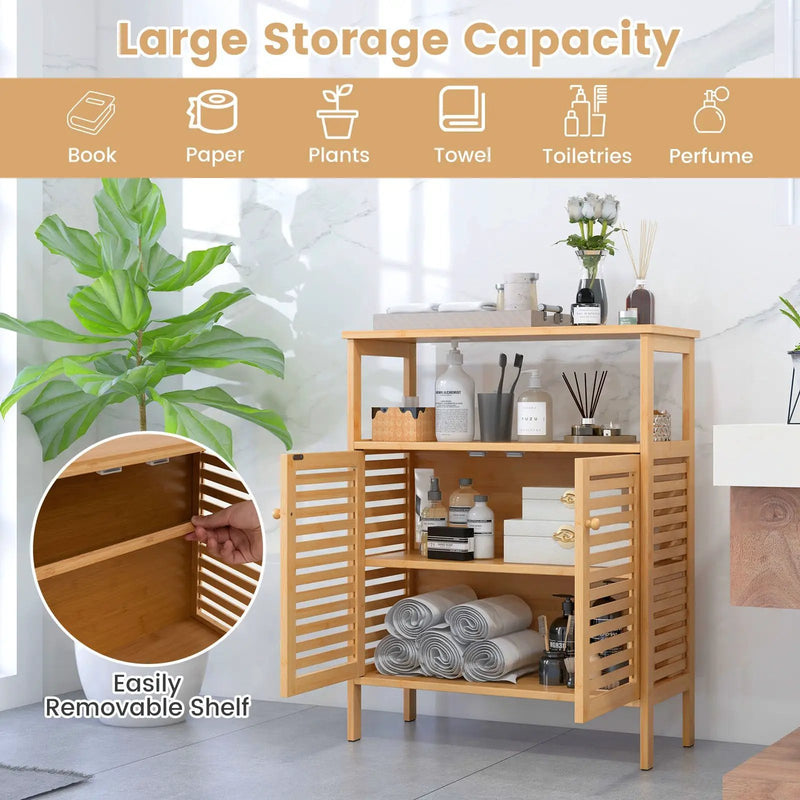 Bamboo Bathroom Floor Storage Cabinet with Shutter Doors-Natural by DirectDeals