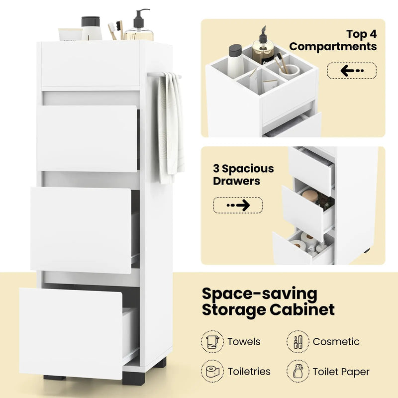 Bathroom Floor Cabinet with 3 Drawers 4 Top Dividers and 1 Towel Rack-White by DirectDeals