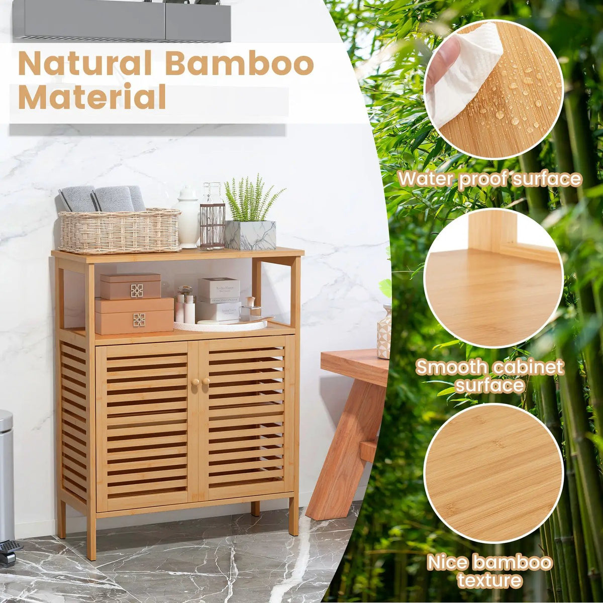 Bamboo Bathroom Floor Storage Cabinet with Shutter Doors-Natural by DirectDeals