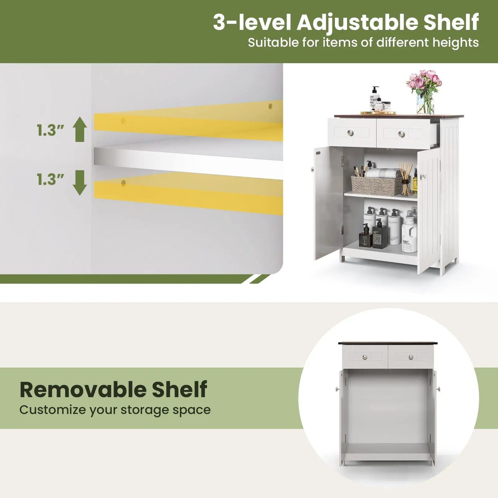 Freestanding Bathroom Floor Cabinet Storage Organizer with 2 Drawers-White by DirectDeals