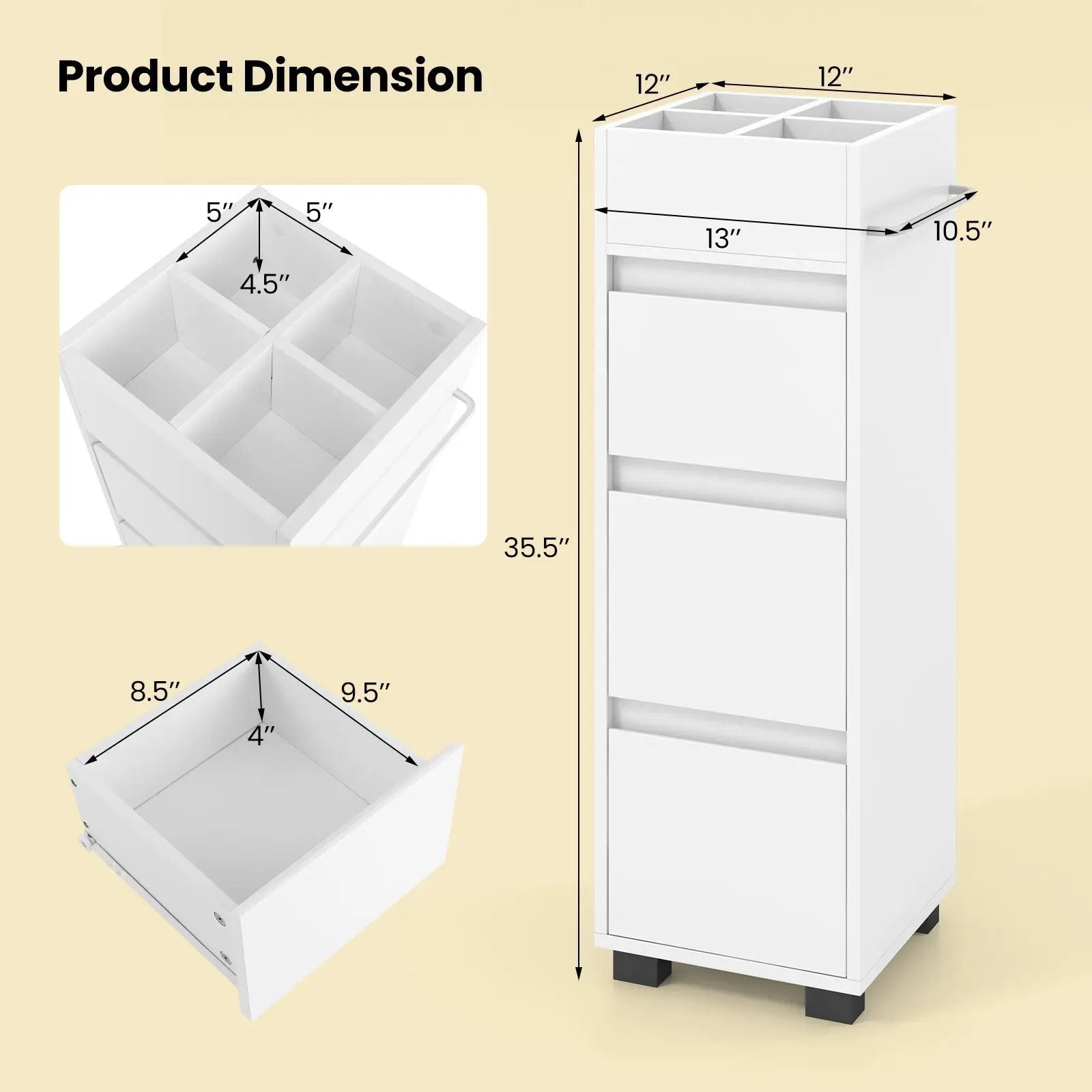 Bathroom Floor Cabinet with 3 Drawers 4 Top Dividers and 1 Towel Rack-White by DirectDeals