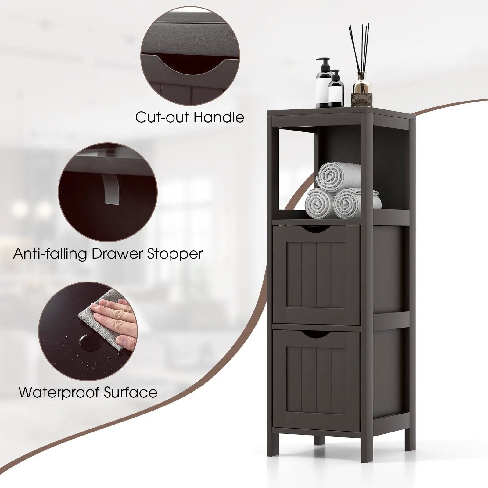 Wooden Bathroom Floor Cabinet with Removable Drawers-Brown by DirectDeals