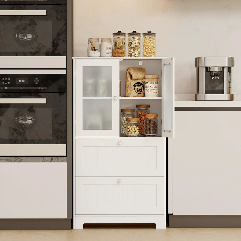 Bathroom Floor Storage Cabinet Freestanding Cupboard Pantry with 2 Drawers and 2 Frosted Glass Doors-White by DirectDeals