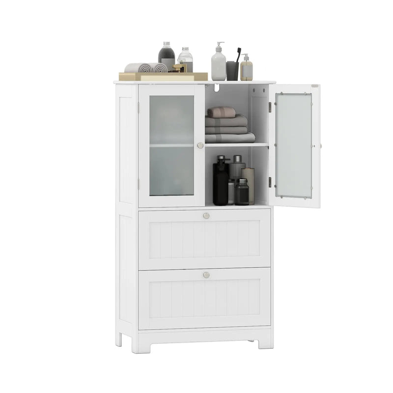 Bathroom Floor Storage Cabinet Freestanding Cupboard Pantry with 2 Drawers and 2 Frosted Glass Doors-White by DirectDeals