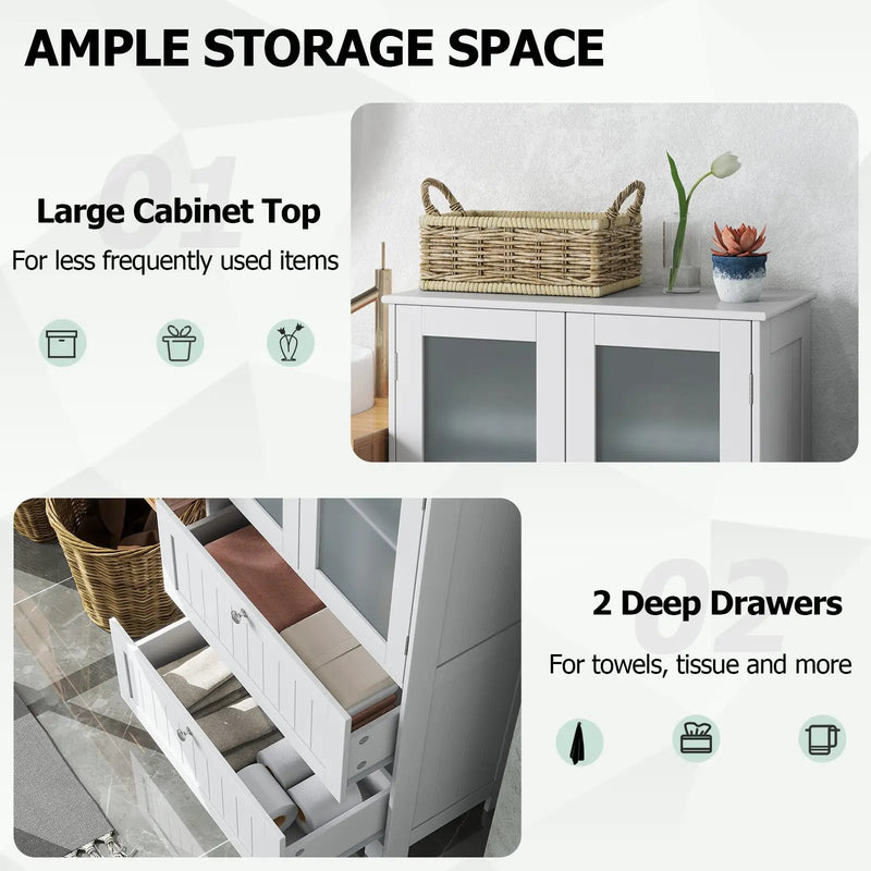 Bathroom Floor Storage Cabinet Freestanding Cupboard Pantry with 2 Drawers and 2 Frosted Glass Doors-White by DirectDeals