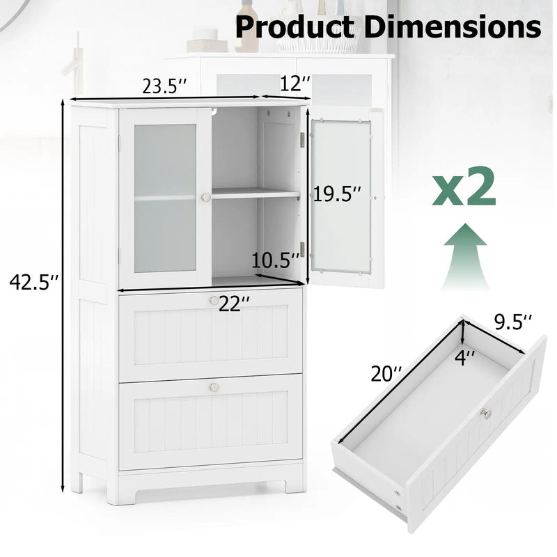 Bathroom Floor Storage Cabinet Freestanding Cupboard Pantry with 2 Drawers and 2 Frosted Glass Doors-White by DirectDeals