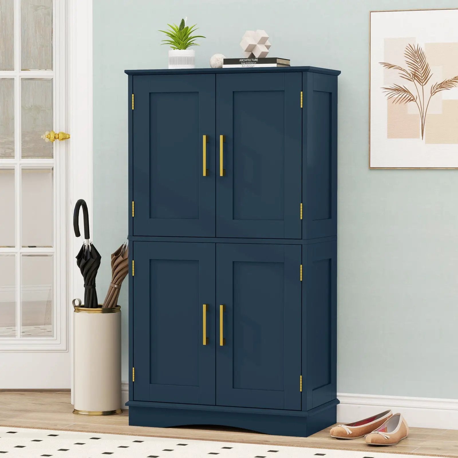 Bathroom Floor Storage Cabinet with 4 Doors and 2 Adjustable Shelves-Blue by DirectDeals