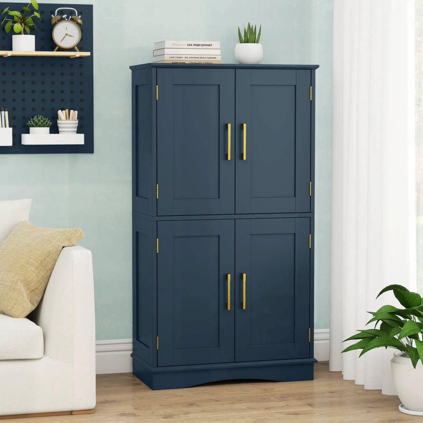 Bathroom Floor Storage Cabinet with 4 Doors and 2 Adjustable Shelves-Blue by DirectDeals