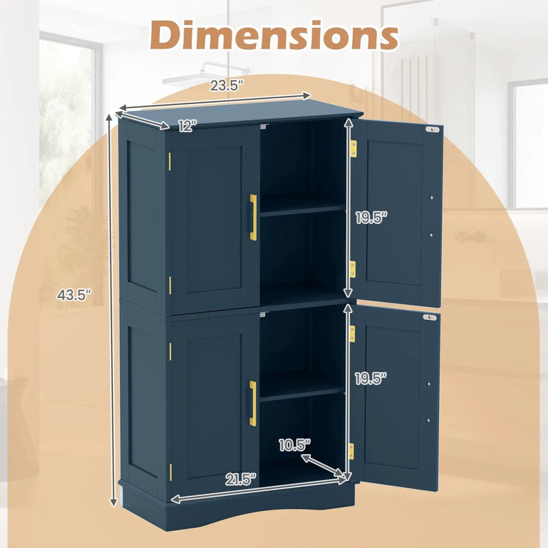 Bathroom Floor Storage Cabinet with 4 Doors and 2 Adjustable Shelves-Blue by DirectDeals