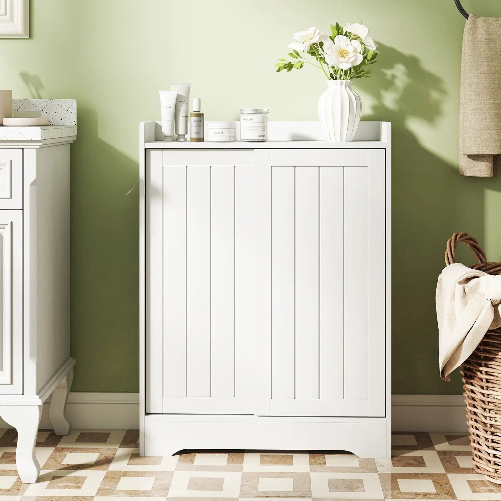 Bathroom Storage Cabinet Slim Floor Cabinet with Toilet Paper Holders-White by DirectDeals