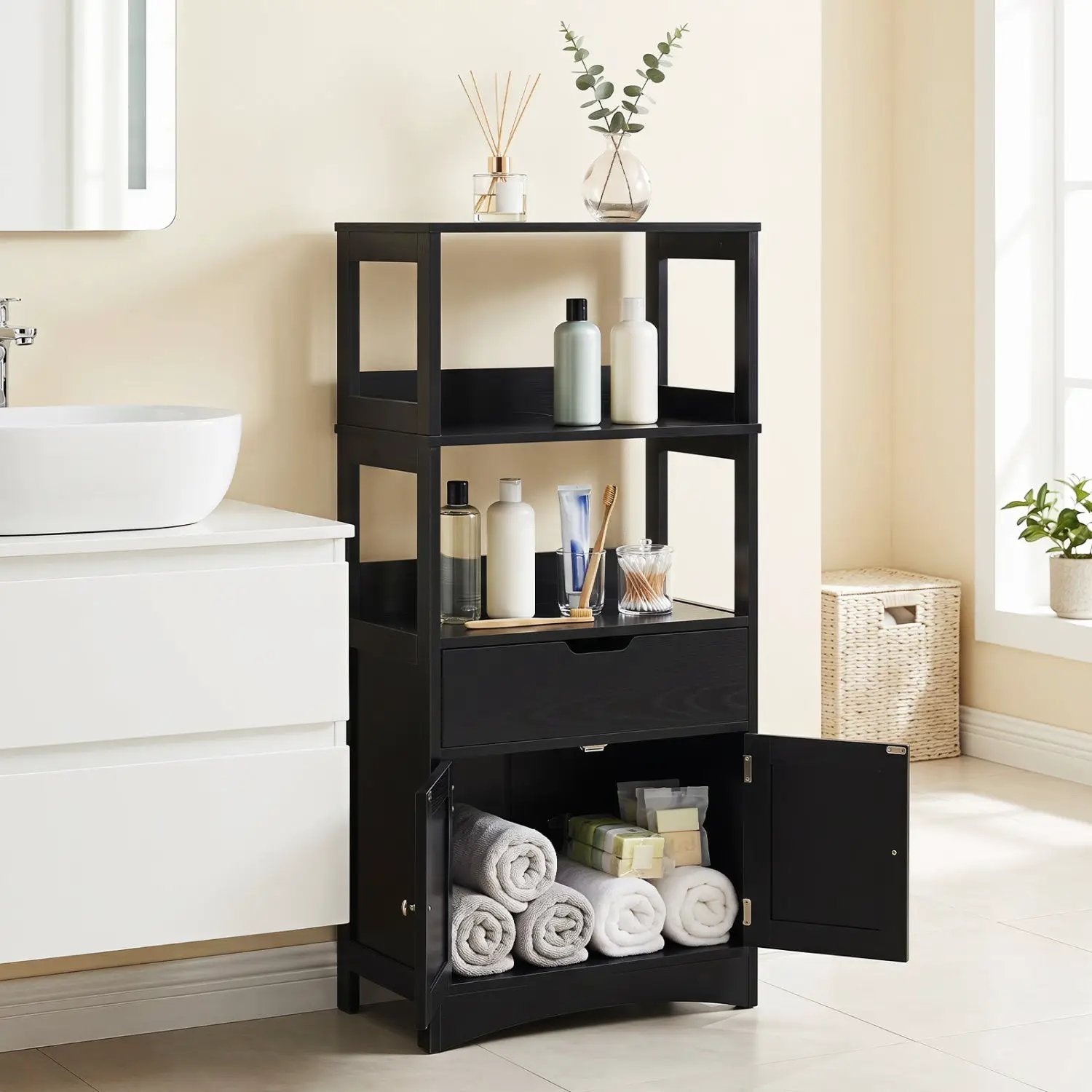 Bathroom Floor Cabinet with Open Shelves and Drawer by DirectDeals