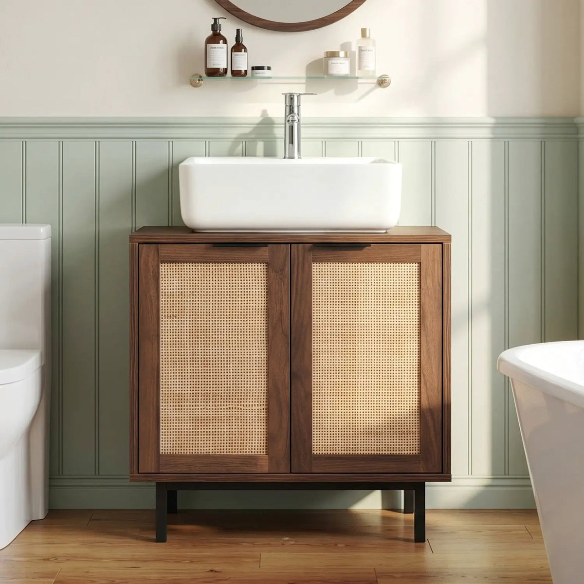 Bathroom Vanity Cabinet with Rattan Doors and U-Shaped Cut-Out by DirectDeals