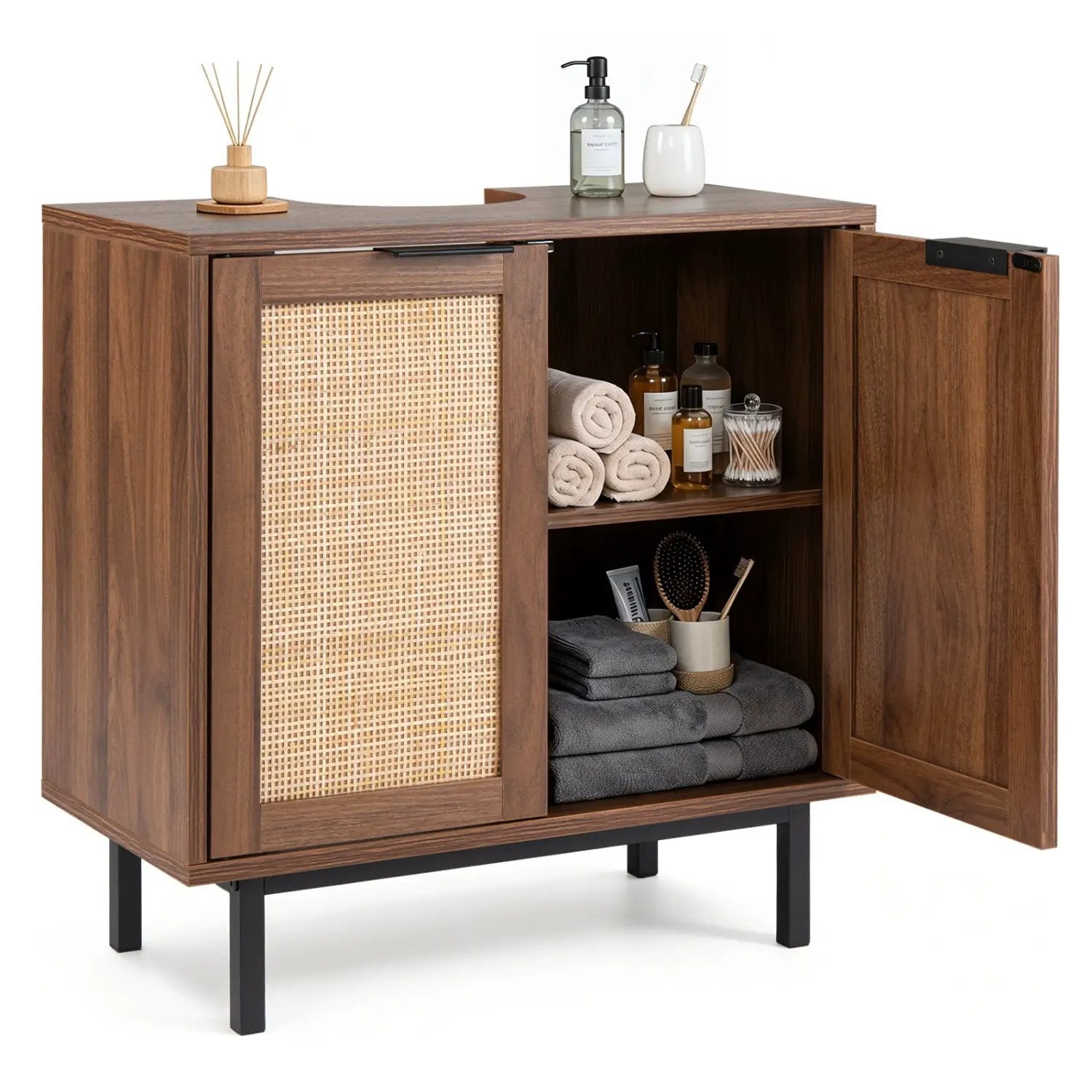 Bathroom Vanity Cabinet with Rattan Doors and U-Shaped Cut-Out by DirectDeals