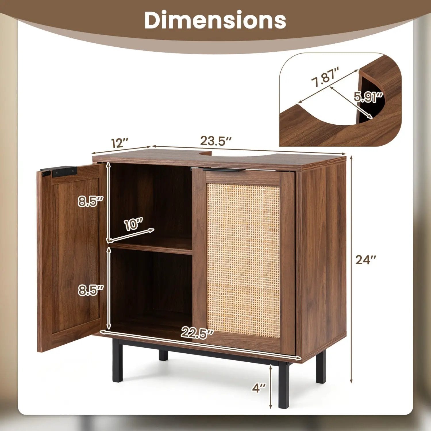 Bathroom Vanity Cabinet with Rattan Doors and U-Shaped Cut-Out by DirectDeals