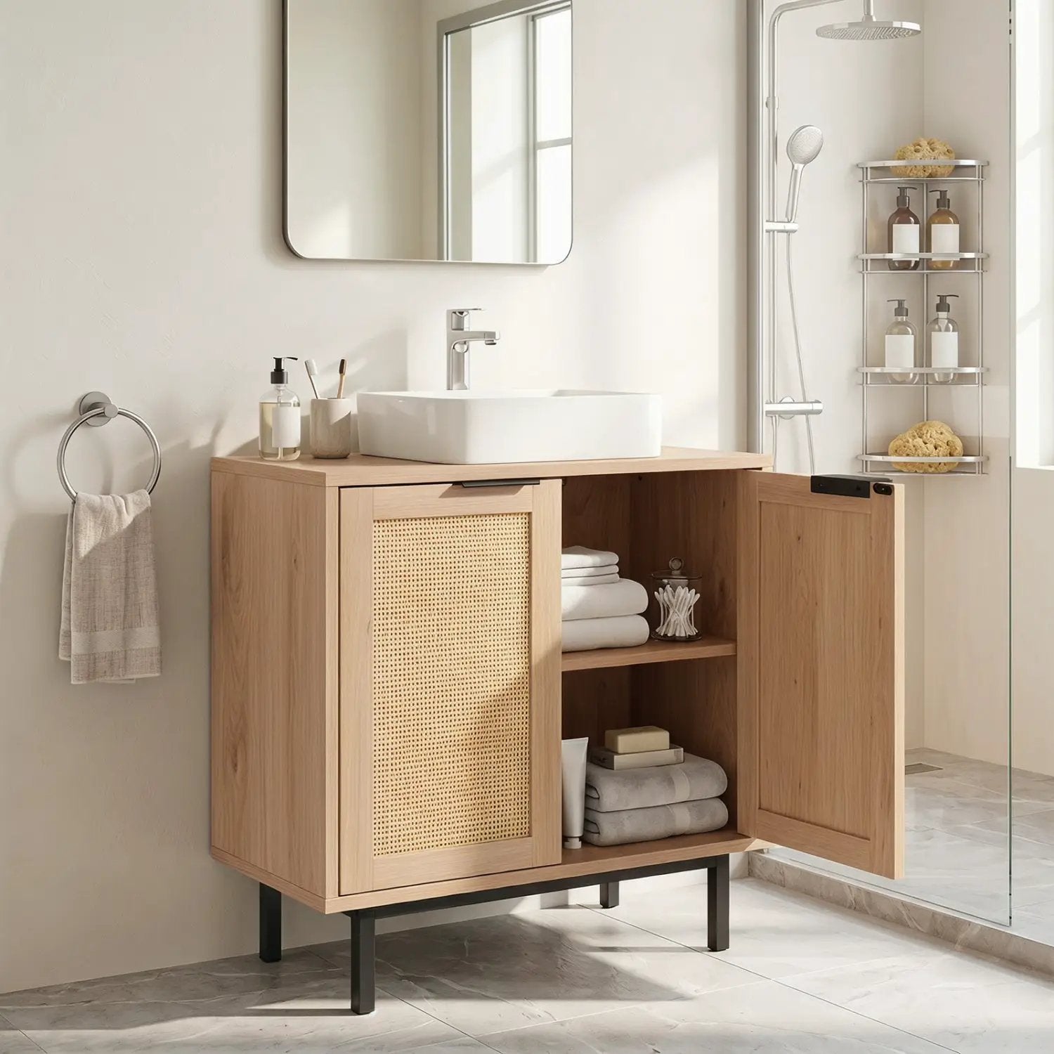 Bathroom Vanity Cabinet with Rattan Doors and U-Shaped Cut-Out by DirectDeals