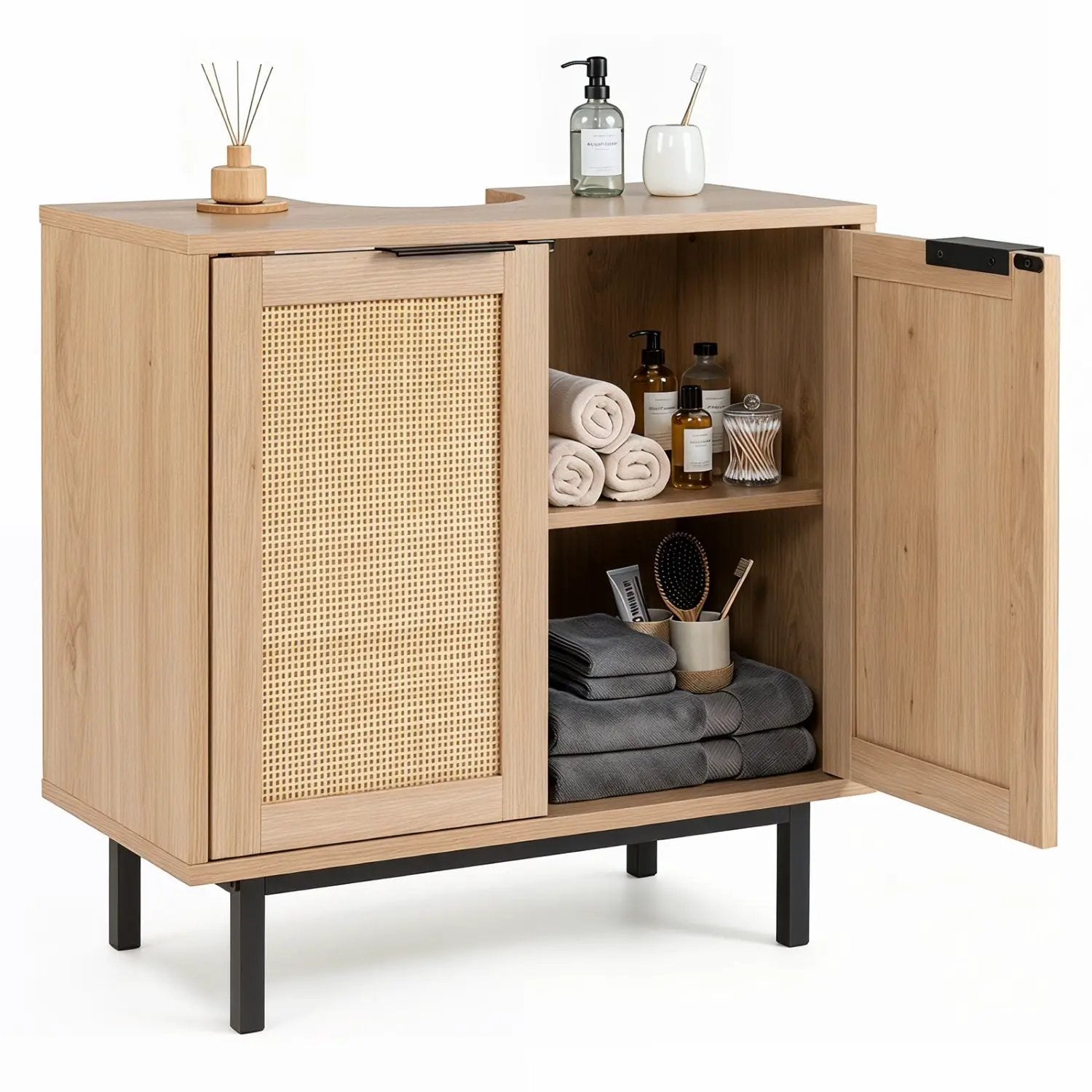 Bathroom Vanity Cabinet with Rattan Doors and U-Shaped Cut-Out by DirectDeals