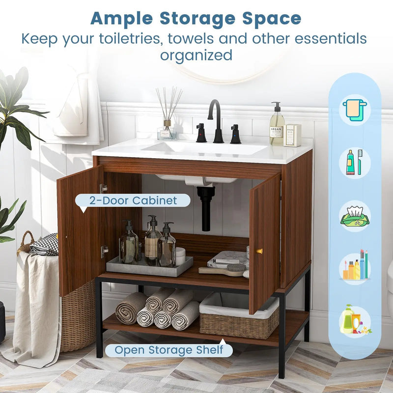 31 Inch Bathroom Vanity Sink Combo with Doors and Open Shelf-Walnut by DirectDeals