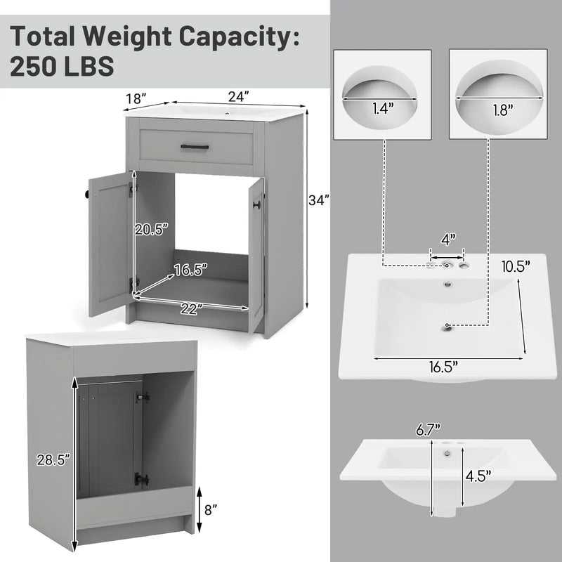 Bathroom Vanity Unit with Basin and 2 Doors-Gray by DirectDeals