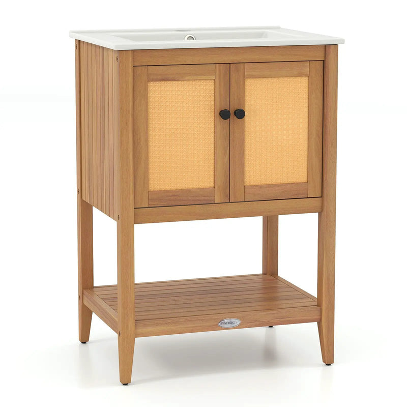 Bathroom Vanity with Ceramic Sink 2 Rattan Doors and Slatted Shelf by DirectDeals