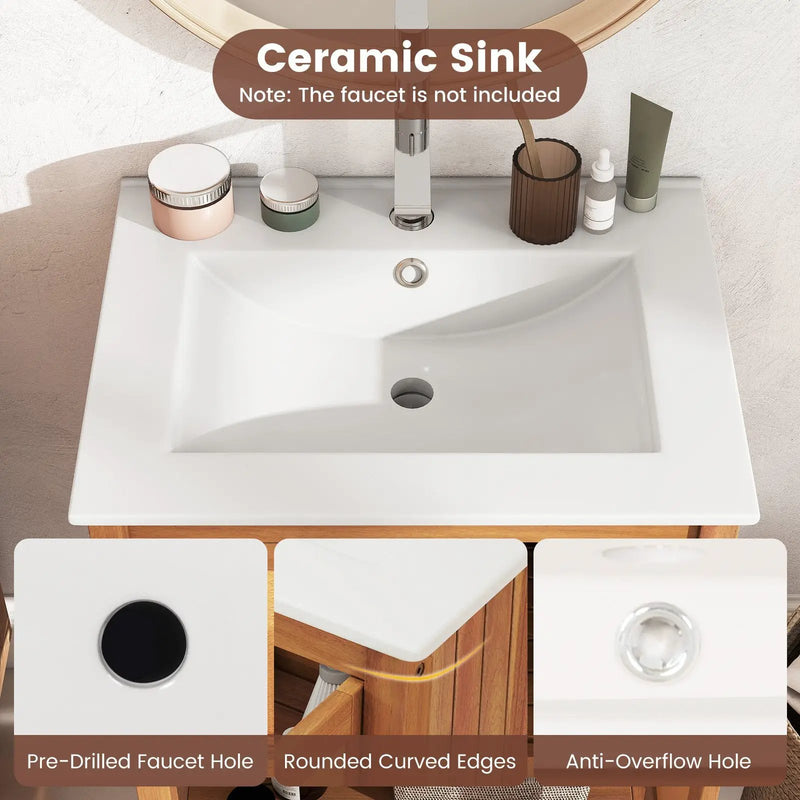 Bathroom Vanity with Ceramic Sink 2 Rattan Doors and Slatted Shelf by DirectDeals