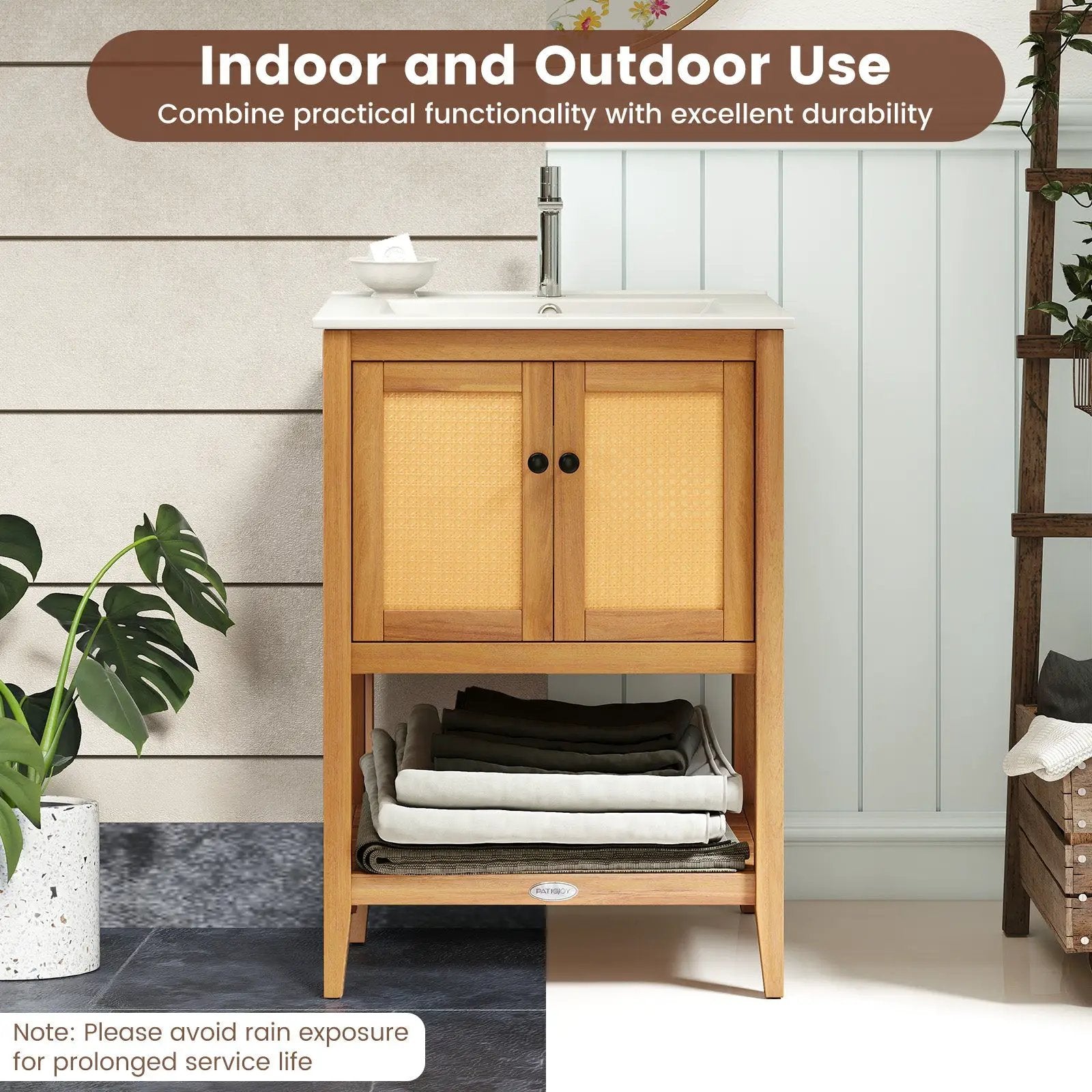 Bathroom Vanity with Ceramic Sink 2 Rattan Doors and Slatted Shelf by DirectDeals