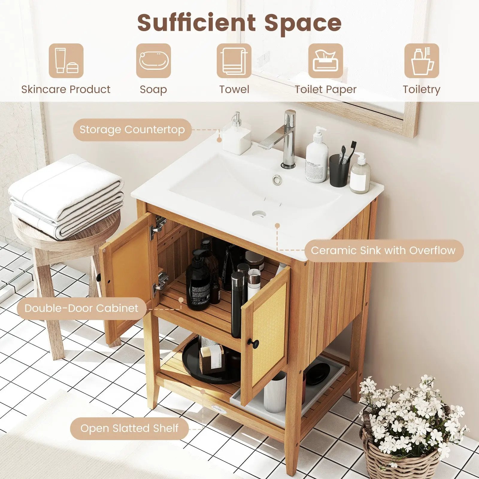 Bathroom Vanity with Ceramic Sink 2 Rattan Doors and Slatted Shelf by DirectDeals