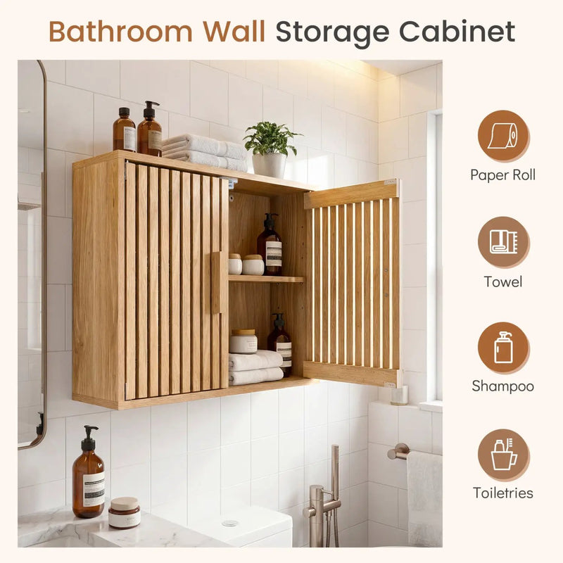 Bathroom Wall Cabinet with 2 Slatted Doors and 3-Level Adjustable Shelves by DirectDeals