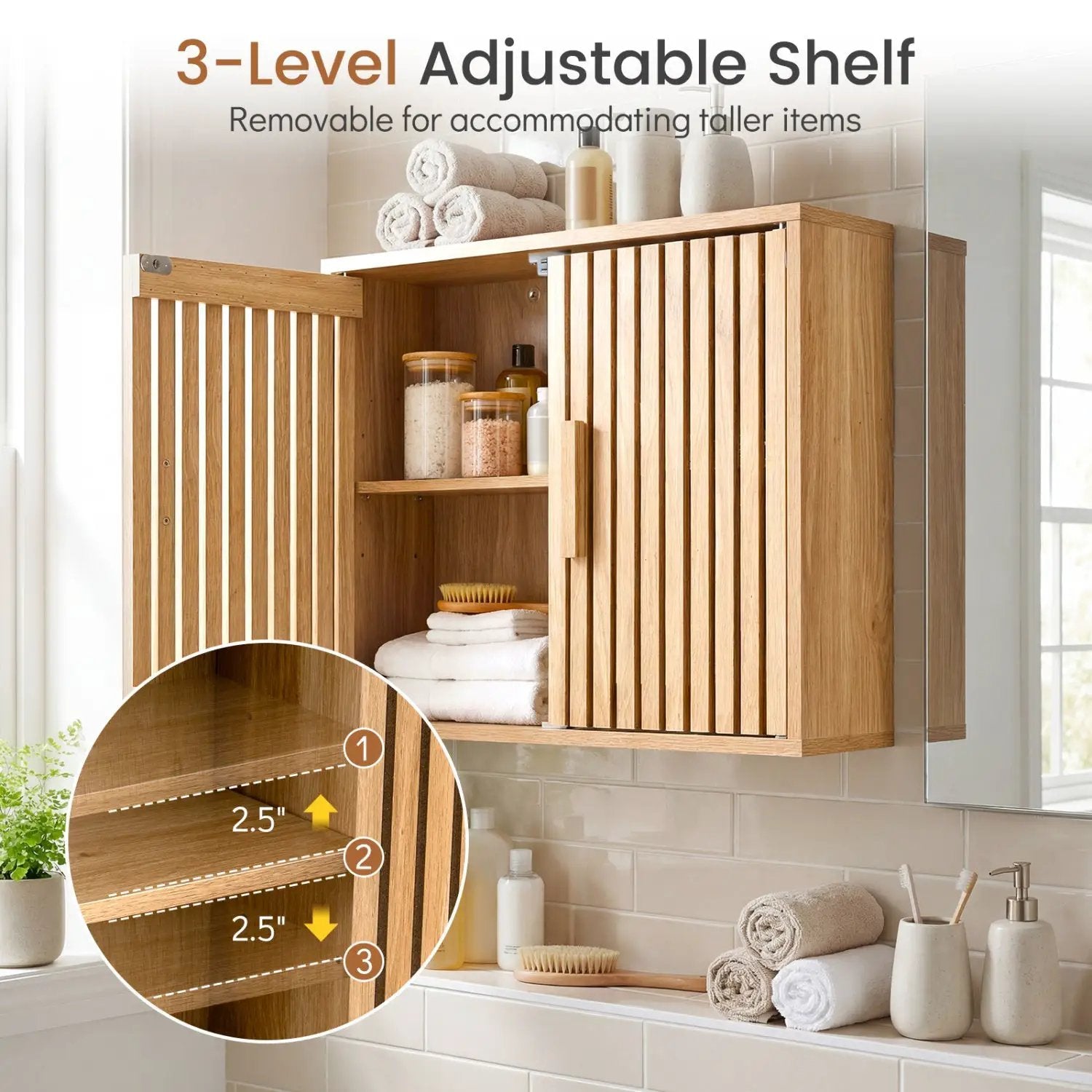 Bathroom Wall Cabinet with 2 Slatted Doors and 3-Level Adjustable Shelves by DirectDeals