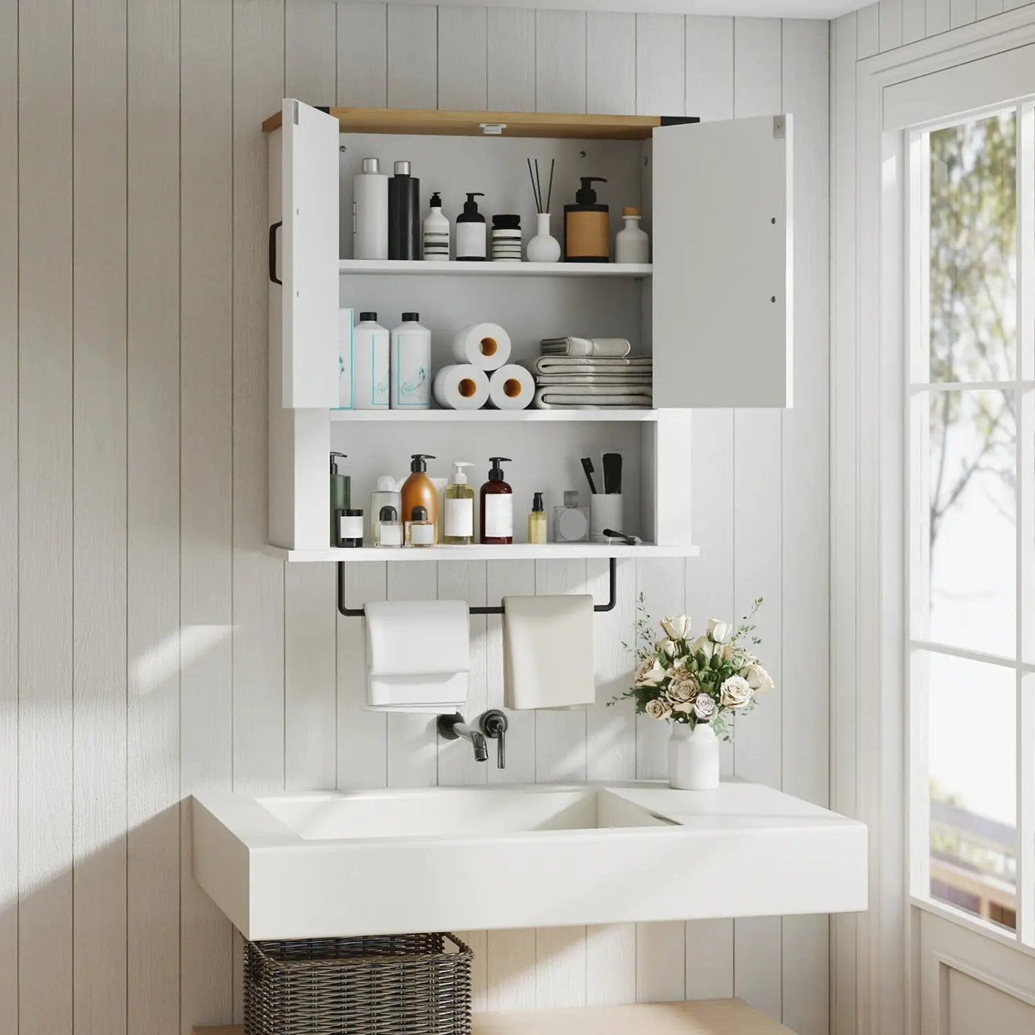 Farmhouse Bathroom Wall Cabinet with Towel Bar - White by DirectDeals