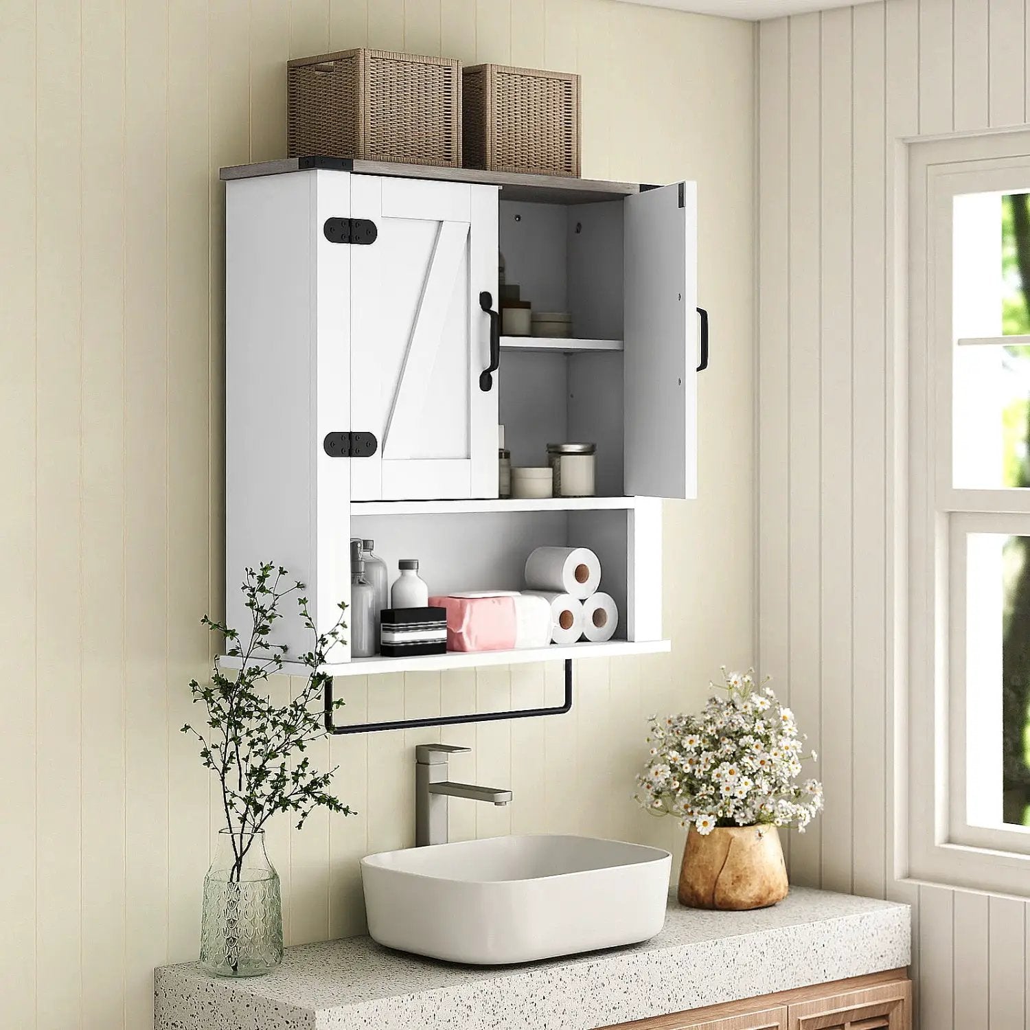 Farmhouse Bathroom Wall Cabinet with Towel Bar - White by DirectDeals