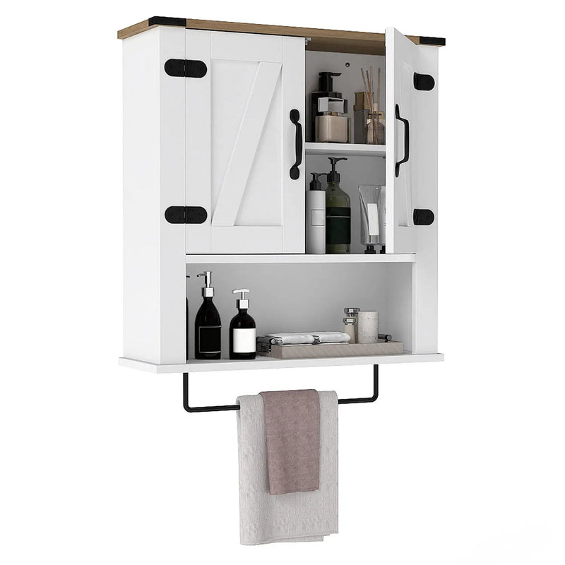Farmhouse Bathroom Wall Cabinet with Towel Bar - White by DirectDeals