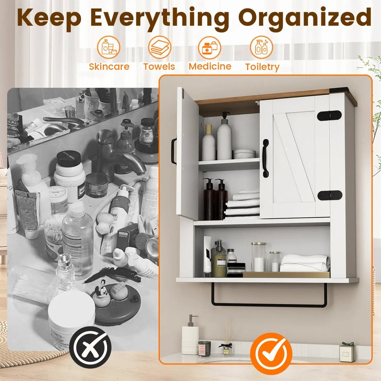 Farmhouse Bathroom Wall Cabinet with Towel Bar - White by DirectDeals