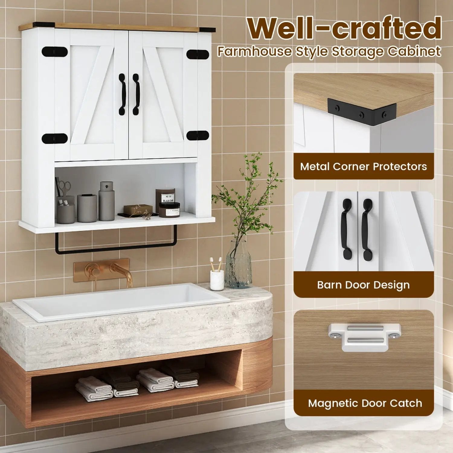 Farmhouse Bathroom Wall Cabinet with Towel Bar - White by DirectDeals