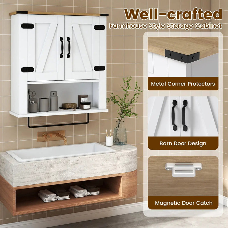Farmhouse Bathroom Wall Cabinet with Towel Bar - White by DirectDeals