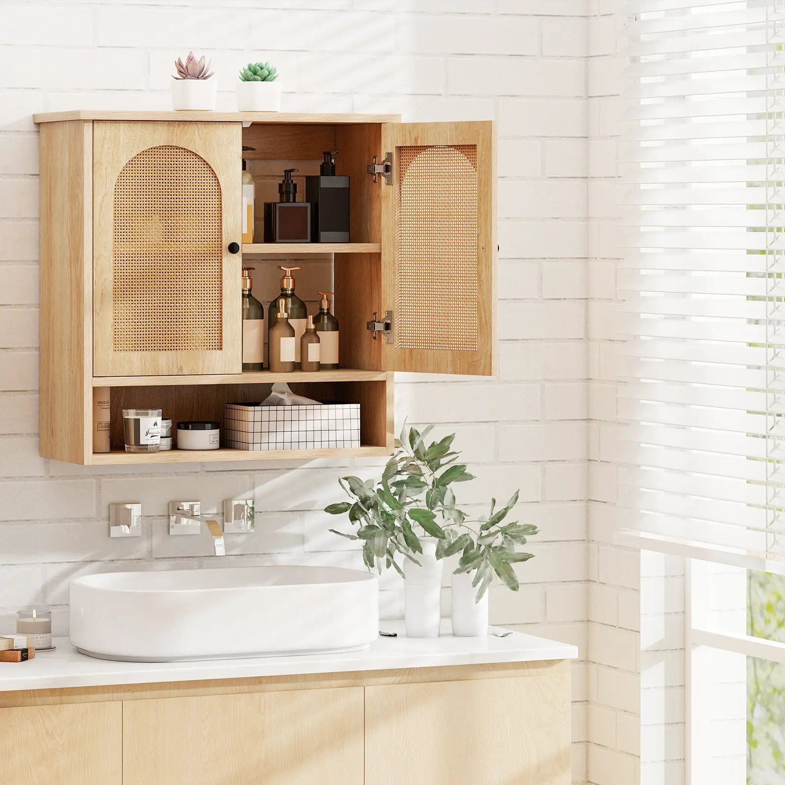 Bathroom Wall Cabinet with PE Rattan Doors and Adjustable Shelves-Natural by DirectDeals